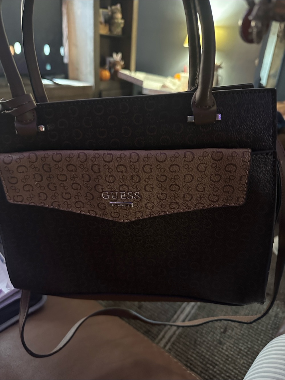 GUESS Brown and Tan Logo Satchel - Picture 2 of 5